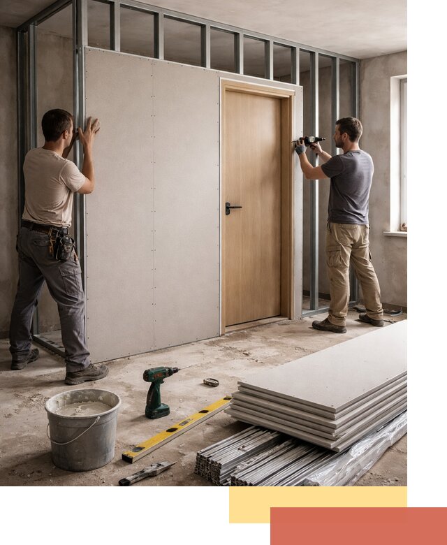 Перегородка из гипсокартона с дверью под ключ в Петрозаводске