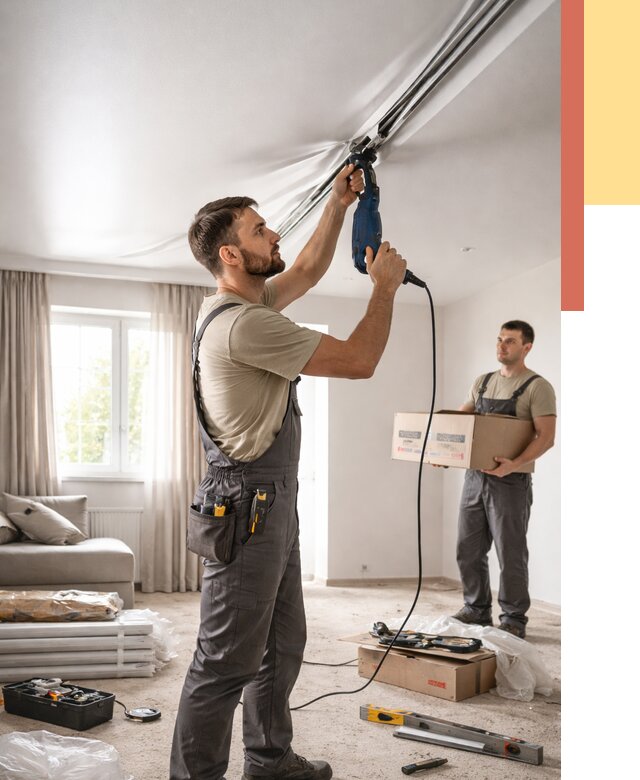 Монтаж сатинового натяжного потолка в Петрозаводске от 3553 руб. | Быстро, недорого — ОТДЕЛОЧНИК-Птр