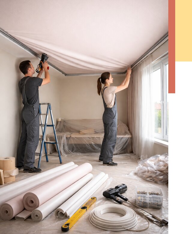 Монтаж цветного натяжного потолка в Петрозаводске от 4263 руб/м² — быстро и недорого | ОТДЕЛОЧНИК-Птр