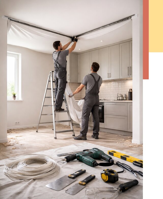 Установка натяжного потолка на кухне в Петрозаводске от 2436 руб. | ОТДЕЛОЧНИК-Птр